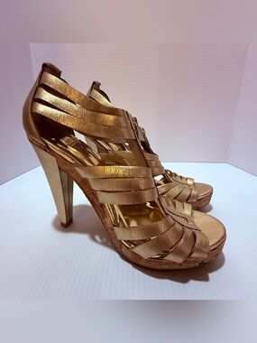 Michael Kors Gold Metallic Strappy Leather Open Toe Zip Heels Women 7.5